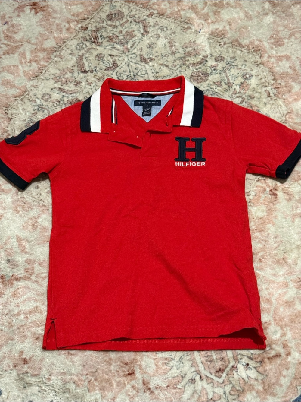 Tommy Hilfiger Red Polo with Navy & White Contrast Collar